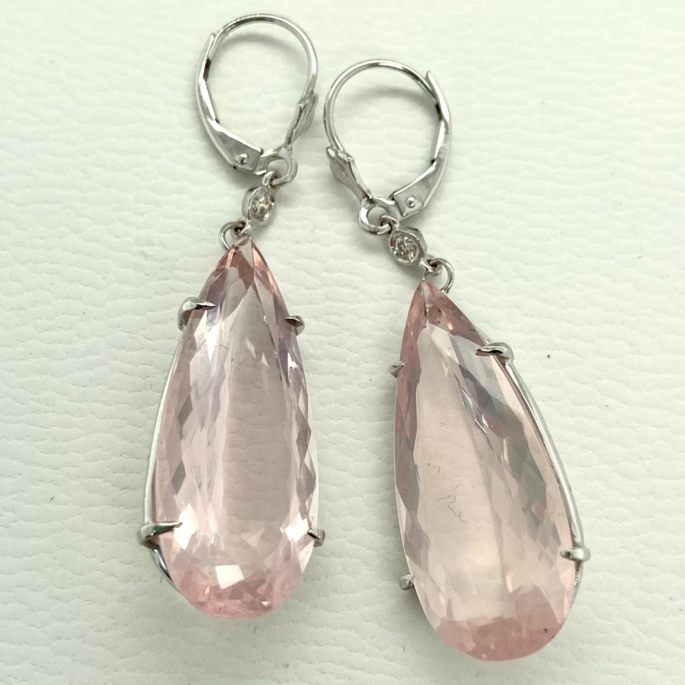 Huge 14Kt White Gold Natural Rose Quartz with Bezel Set Diamond Drop Earrings